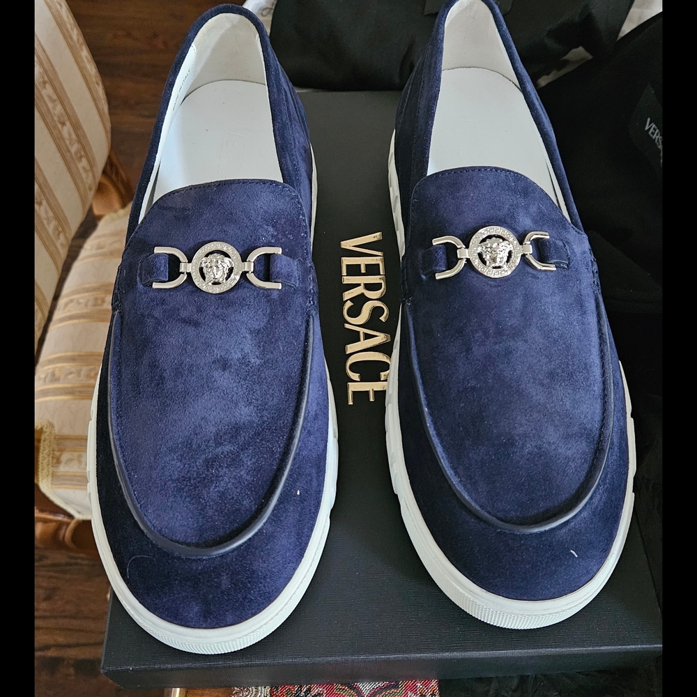 Versace Men's Navy Suede Slip-Ons with Silver Accent